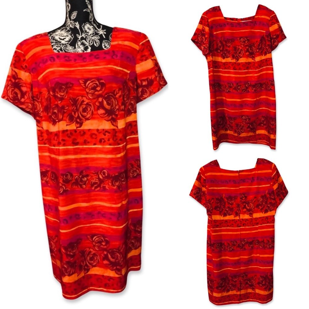Vintage Jessica Howard Square Neck Short Sleeve Rose Zip Lined Midi Women 18 Red